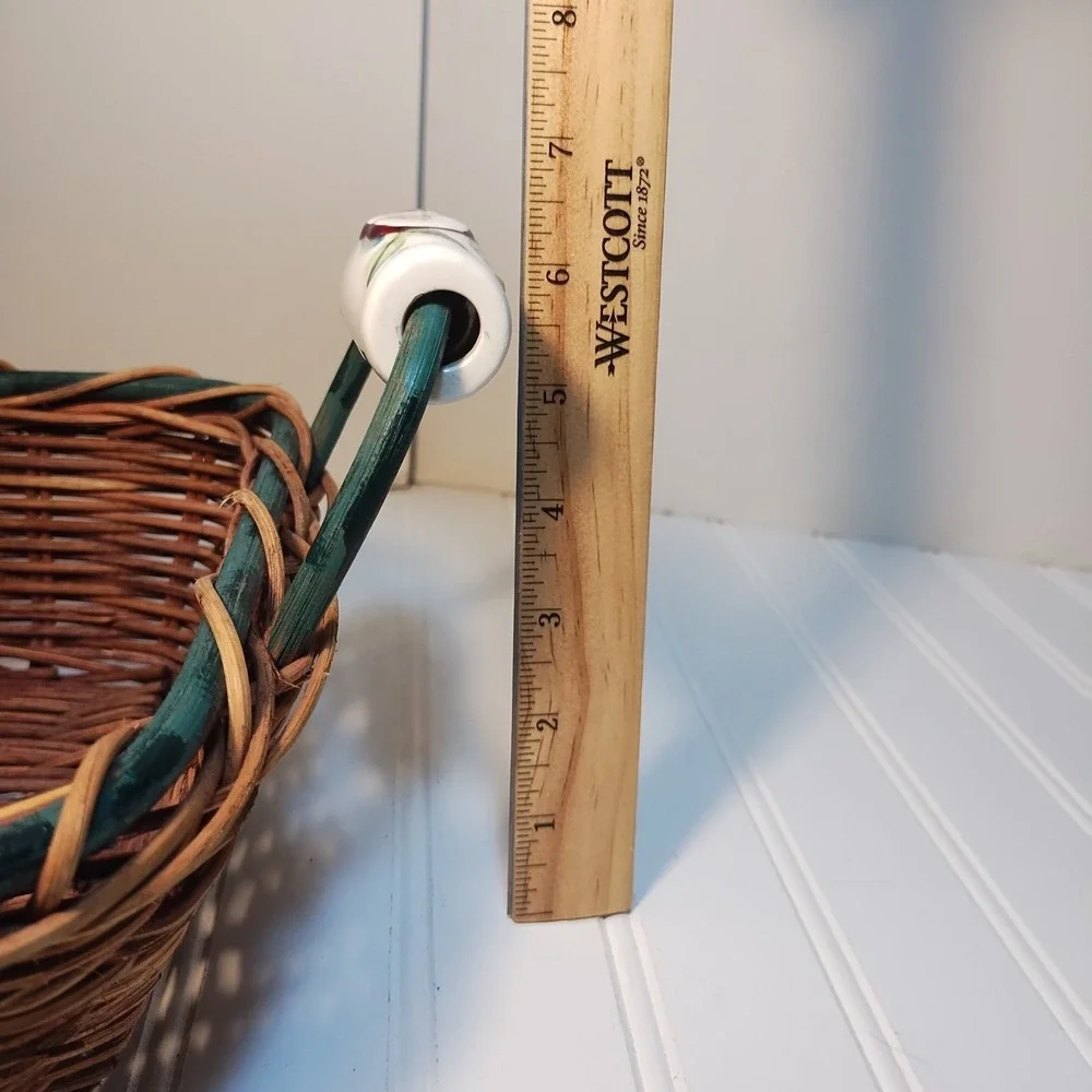 Vintage Woven Wicker Basket Ceramic Apple Handles Green Trim Rectangular Cottage